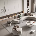 Modern Curved Sofa and Round Coffee Table Set with Throw Pillows Ottoman and Mountain View