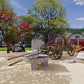 Natural Garden Landscape With Camel Kiosk Sheep Green Trees And Sandy Ground
