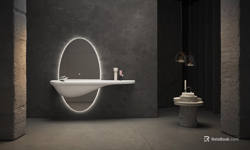 White Floating Washbasin with Backlit Oval Mirror on Dark Wall and Toiletries 3d model 