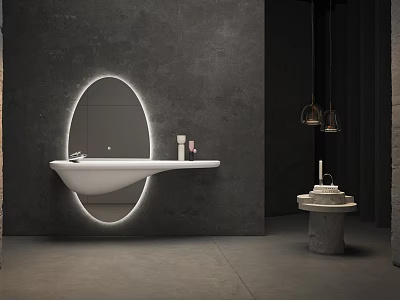 White Floating Washbasin with Backlit Oval Mirror on Dark Wall and Toiletries 3d model