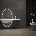 White Floating Washbasin with Backlit Oval Mirror on Dark Wall and Toiletries