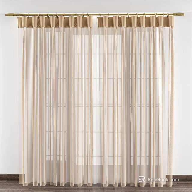 Beige Sheer Curtains With Vertical Stripes And Pleated Top For Home Window 3d model 