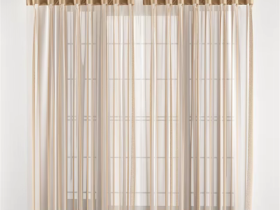 Beige Sheer Curtains With Vertical Stripes And Pleated Top For Home Window 3d model