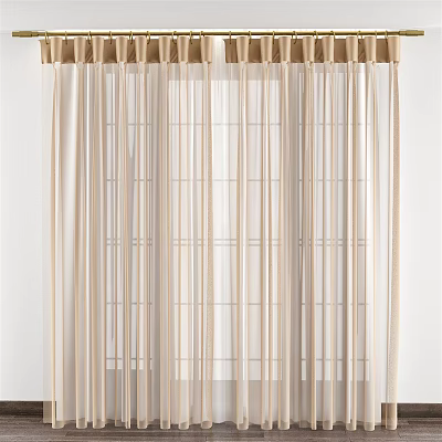 Beige Sheer Curtains With Vertical Stripes And Pleated Top For Home Window 3d model