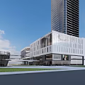 Modern Commercial Complex With High-Rise Buildings Open Plaza Green Spaces And Architectural Design