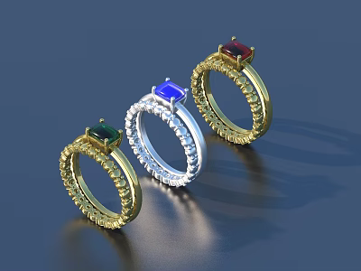 Elegant Gemstone Rings With Green Blue Red Stones And Gold Silver Encrusted Settings 3d model