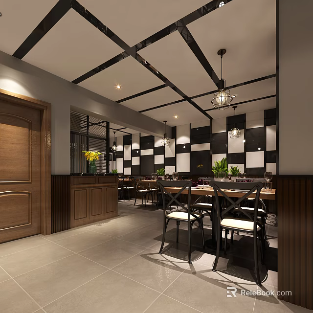 Modern Restaurant Interior With Black White Checkered Walls Wooden Elements Dining Tables And Chandeliers 3d model 