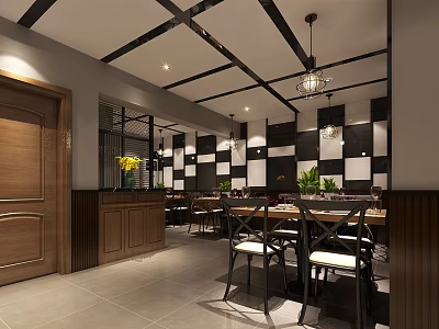 Modern Restaurant Interior With Black White Checkered Walls Wooden Elements Dining Tables And Chandeliers 3d model
