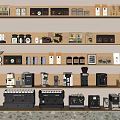 Various Kitchen Appliances Including Coffee Machines Displayed On Wooden Shelves