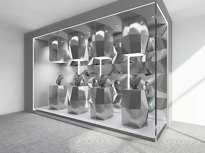Modern Jewelry Store Interior Featuring Glass Display Case With Silver Stands And Jewelry 3d model