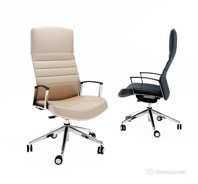 Beige And Black Leather Office Chairs With High Back Metal Armrests And Wheels 3d model 
