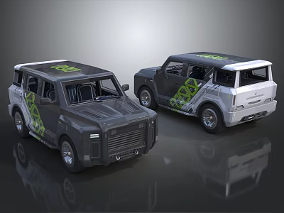 Two Off Road Vehicles with Gray and White Bodies Featuring Green Graphics and Rugged Design 3d model