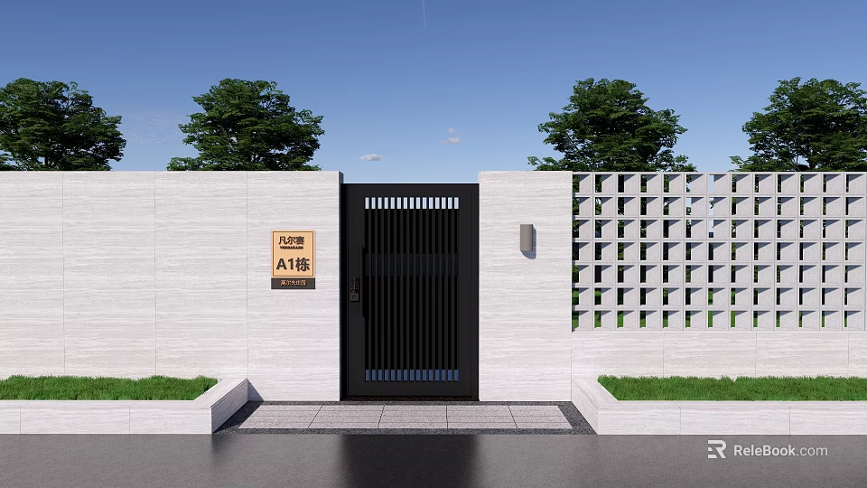 Modern Building Exterior Wall With Black Gate Grid Pattern Wall And Green Plants 3d model
