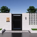Modern Building Exterior Wall With Black Gate Grid Pattern Wall And Green Plants 3d model