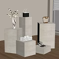 Stylish Display Pedestals Showcasing Vase Flowers Black Handbag Wicker Basket Books And High Heels