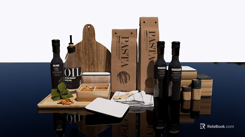 Essential Kitchenware Set With Wooden Cutting Board Olive Oil Bottles Pasta Boxes And Spice Jars 3d model 