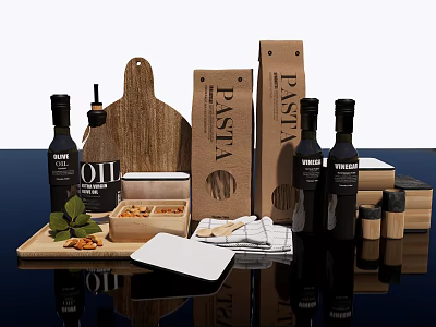 Essential Kitchenware Set With Wooden Cutting Board Olive Oil Bottles Pasta Boxes And Spice Jars 3d model
