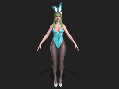 Woman with green hair bunny ears blue bodysuit black stockings and white high heels 3d model