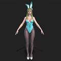 Woman with green hair bunny ears blue bodysuit black stockings and white high heels