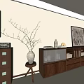 Modern Wooden TV Stand With Glass Doors Drawers And Decorations In Living Room