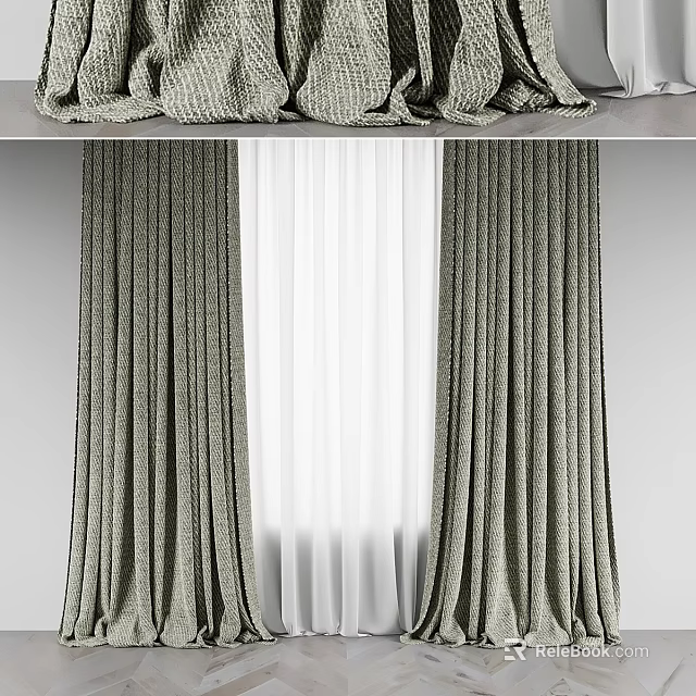 Dark Green Pleated Curtains With White Sheer Layer And Top Valance Design 3d model 