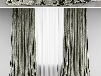Dark Green Pleated Curtains With White Sheer Layer And Top Valance Design 3d model