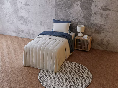 Single Bed Interior With Quilt Pillow Wooden Nightstand Table Lamp And Patterned Rug 3d model