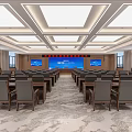 Spacious Modern Conference Room With Arranged Tables Chairs Large Screens And Ceiling Lighting