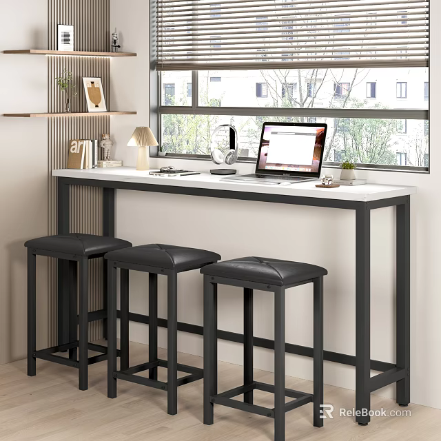 Modern Study Room Interior With White Desk Black Stools Laptop And Window View 3d model