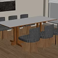 Wooden Dining Table With Six Gray Striped Cushioned Chairs On Wooden Floor And Natural Light