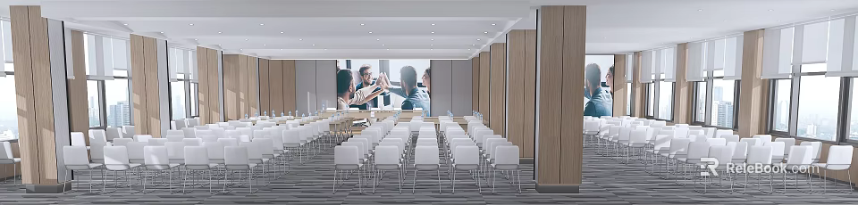 Modern Conference Room Interior With Large Screen People Shaking Hands White Chairs And Wooden Walls 3d model 