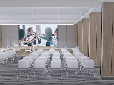 Modern Conference Room Interior With Large Screen People Shaking Hands White Chairs And Wooden Walls 3d model