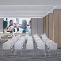 Modern Conference Room Interior With Large Screen People Shaking Hands White Chairs And Wooden Walls