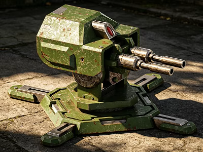 Green Weathered Automatic Turret Weapon With Double Barrels And Tripod Base On Stone Ground 3d model