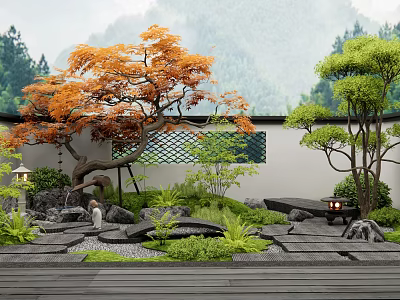 Courtyard Garden with Orange Leaved Tree Rock Formations Stone Pathways Lantern Latticed Window and Greenery 3d model