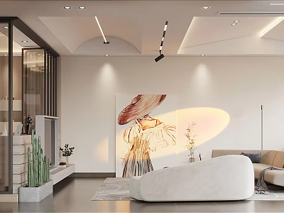Modern Living and Dining Room Interior With Curved Sofa Decorative Painting And Ambient Lighting 3d model