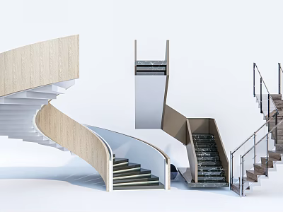 Modern Spiral Staircase Design With Wooden Handrail Metal Railings And Marble Steps 3d model