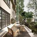 Modern Courtyard Garden Landscape with Wooden Deck Outdoor Furniture and Green Plants