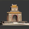 Traditional Chinese Architecture Model Featuring Yellow Tiled Roof And Archway Entrance