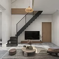 Modern Loft Interior With Open Living Area Kitchen Sofa Staircase And Pendant Light