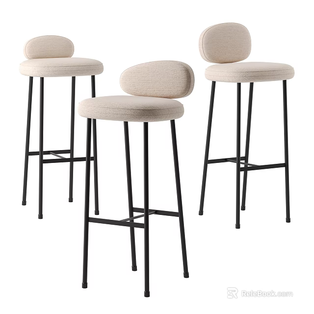 Set of Three Modern Beige Upholstered Bar Stools With Black Metal Legs Design 3d model 