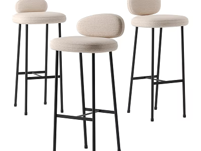 Set of Three Modern Beige Upholstered Bar Stools With Black Metal Legs Design 3d model