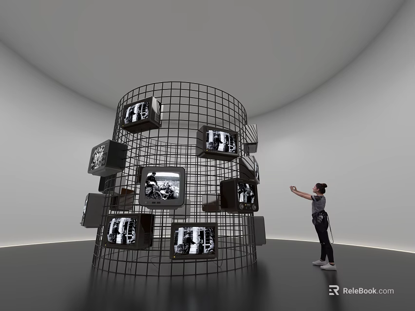Art Installation Featuring Wire Mesh Cylinder Multiple TV Screens Black And White Images Person Pointing 3d model 