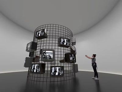 Art Installation Featuring Wire Mesh Cylinder Multiple TV Screens Black And White Images Person Pointing 3d model