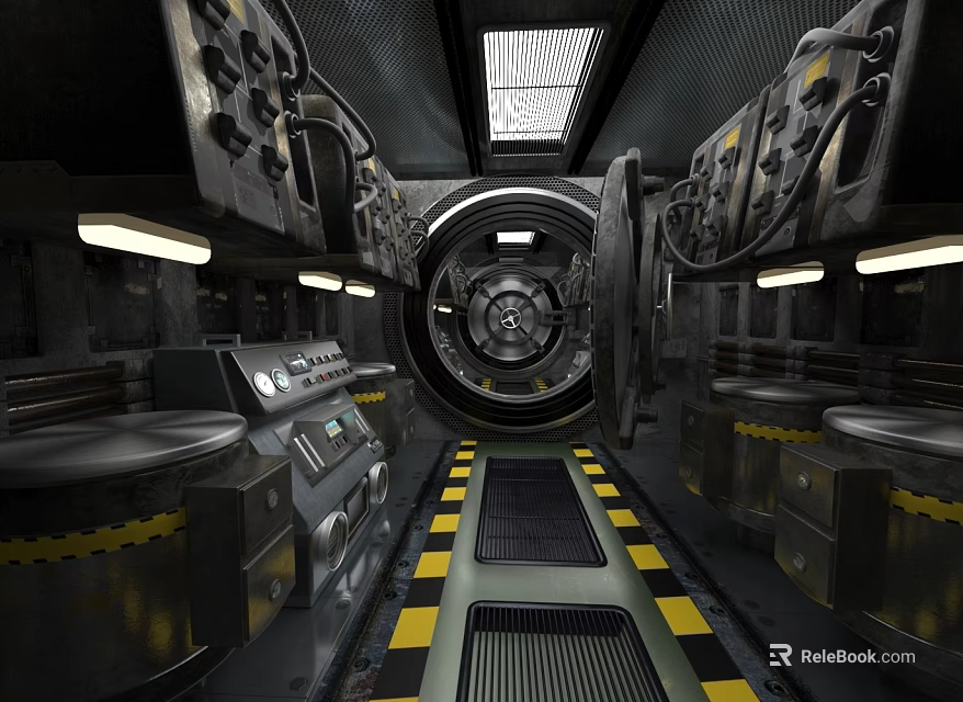 Cartoon Scene Mechanical Control Room with Circular Door Control Panels Lights and Warning Striped Floor 3d model 