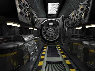 Cartoon Scene Mechanical Control Room with Circular Door Control Panels Lights and Warning Striped Floor 3d model