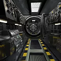 Cartoon Scene Mechanical Control Room with Circular Door Control Panels Lights and Warning Striped Floor