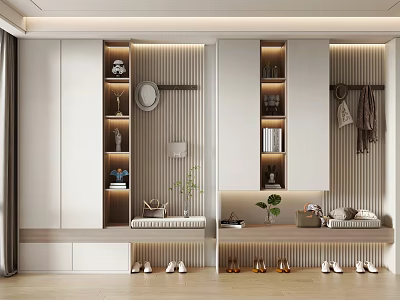 Modern Shoe Storage Cabinet With Hanging Rod Bench And Display Shelves 3d model