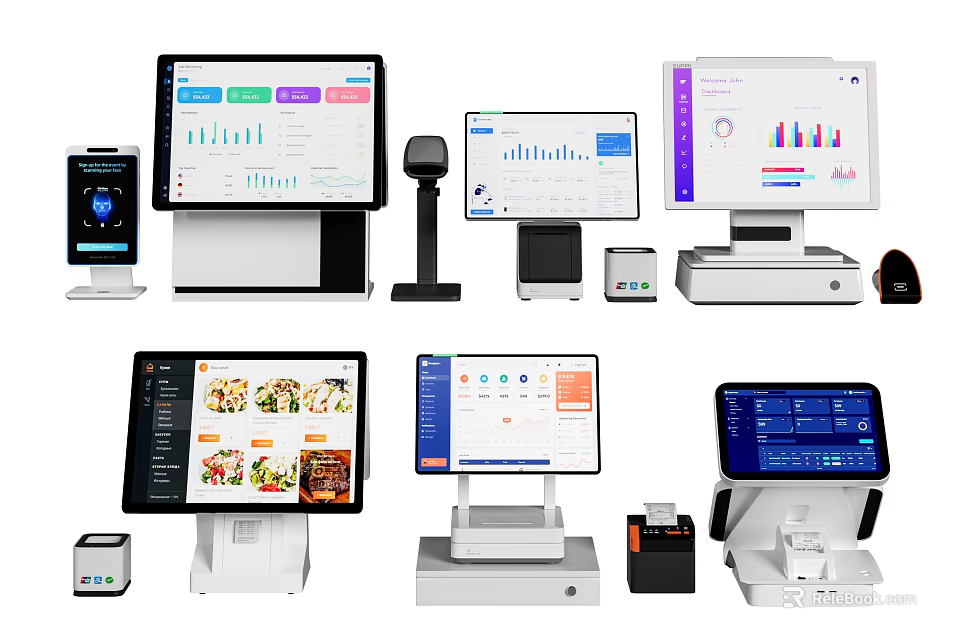 Modern Commercial POS Systems Featuring Touchscreen Terminals Cash Registers And Receipt Printers 3d model 