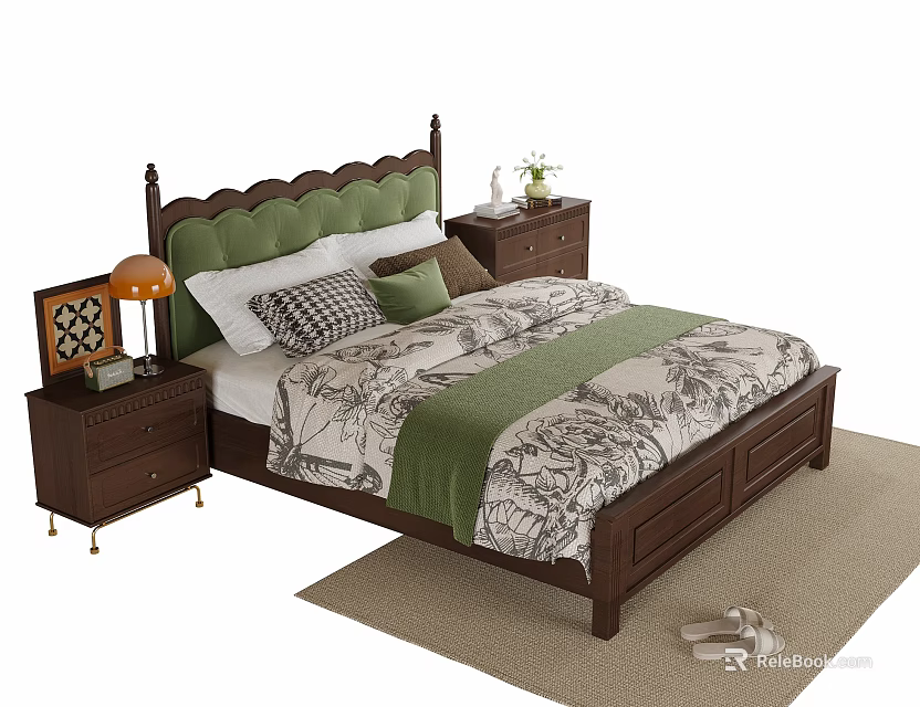 Double Bed With Dark Wooden Frame Green Scalloped Headboard Pillows And Botanical Quilt 3d model 